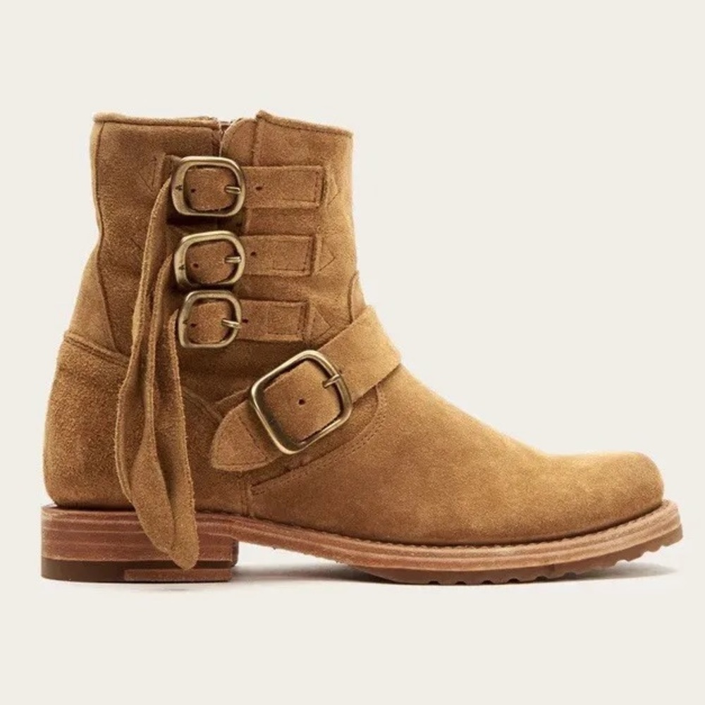 FRYE | Veronica Buckle Strap Suede Short Ankle Biker Moto Boots in ‘Brandy’ - Picture 1 of 17
